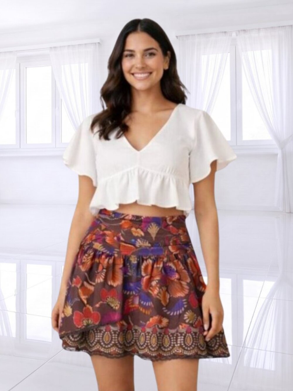 FARM Rio Bright Flora Brown Boho Mini Skirt Size S Tropical Ruffle Lace Trim